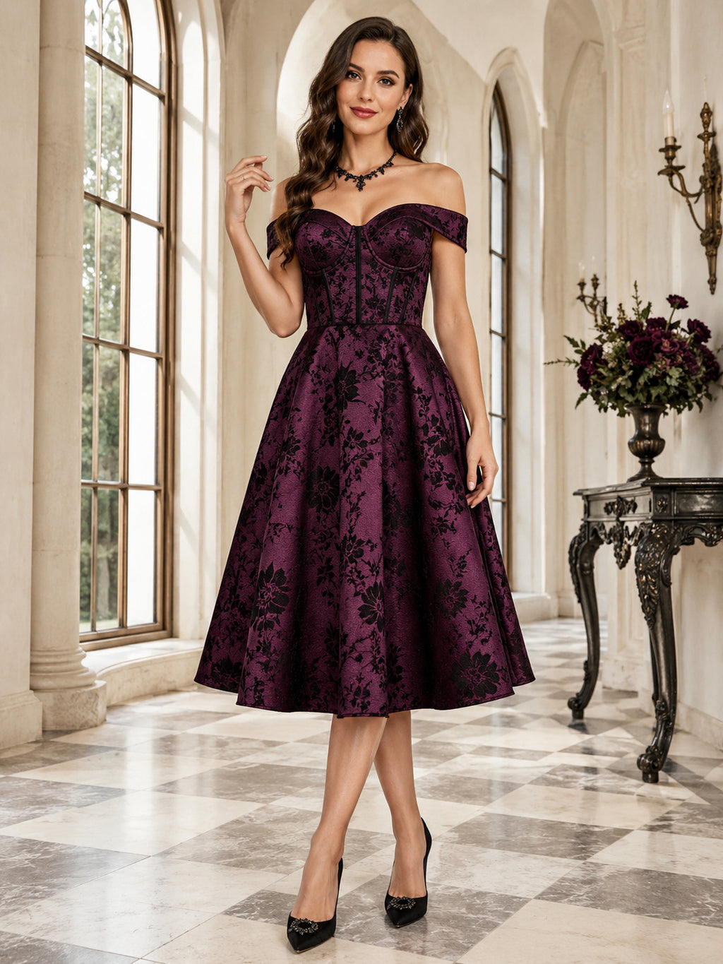 Plum Off Shoulder Floral Taffeta A Line Midi Guest Dress front view