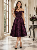 Plum Off Shoulder Floral Taffeta A Line Midi Guest Dress front view
