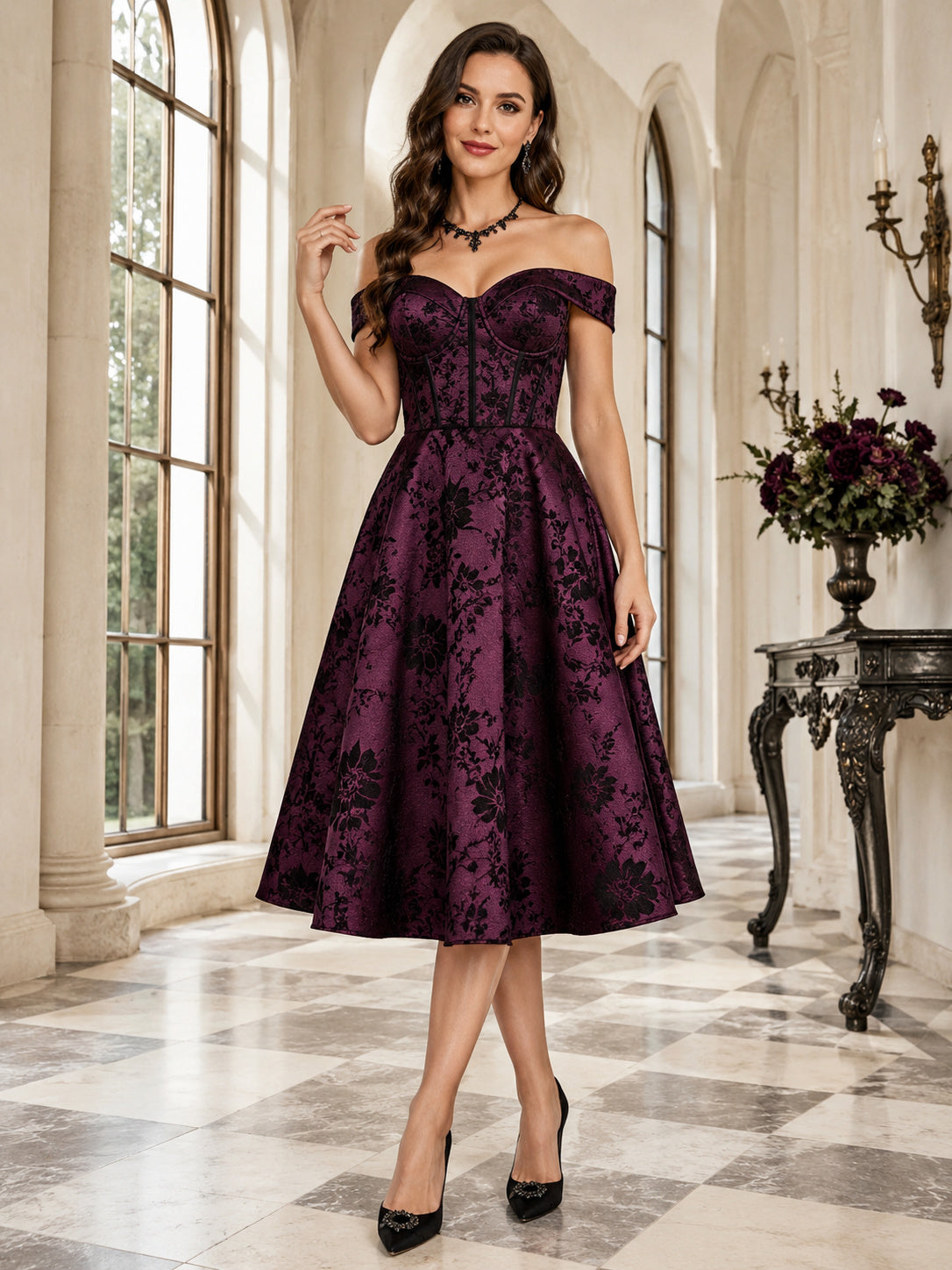 Plum Off Shoulder Floral Taffeta A Line Midi Guest Dress front view