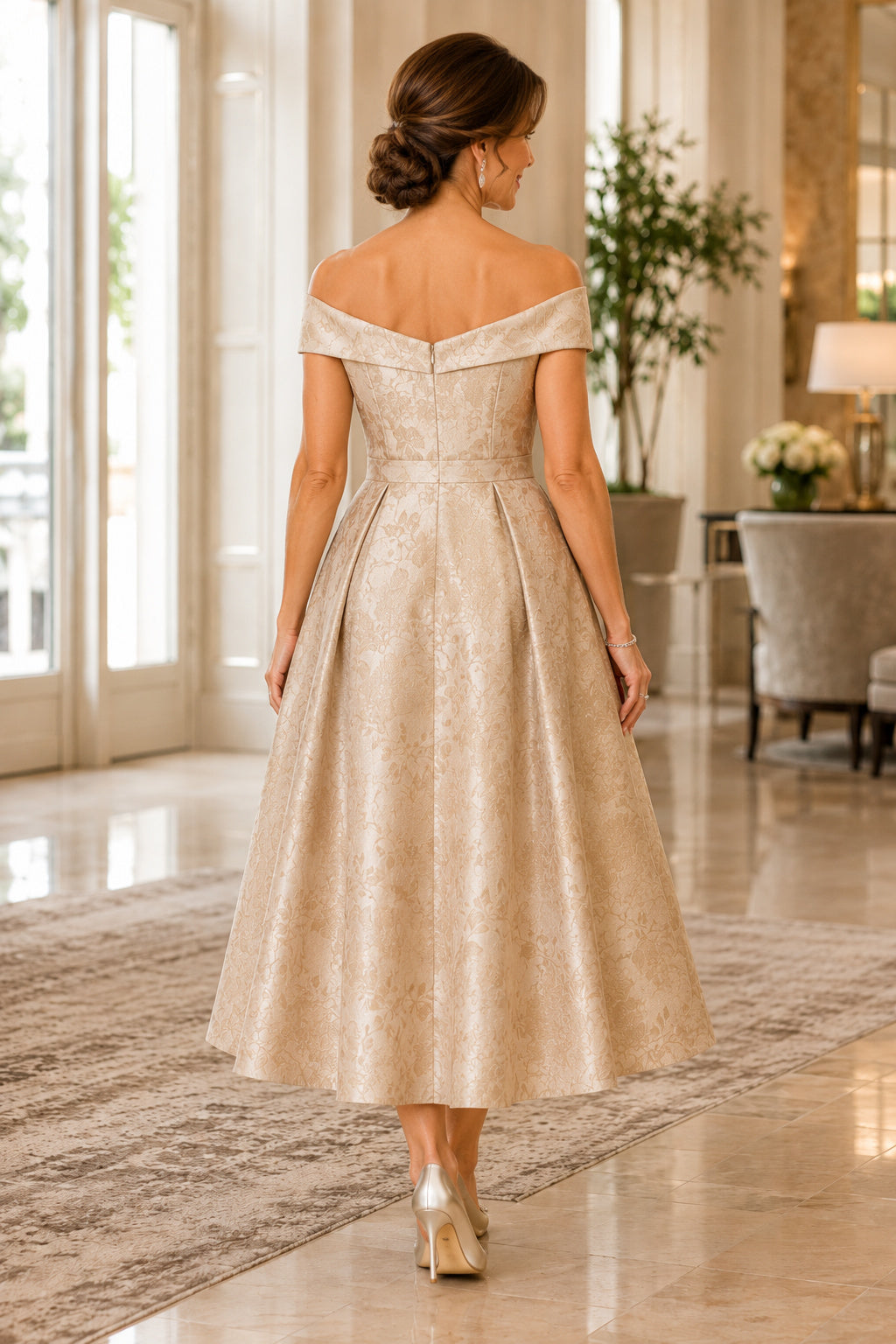 Champagne Off Shoulder Satin Tea Length Mother Dress with Pleated A-Line Skirt back view