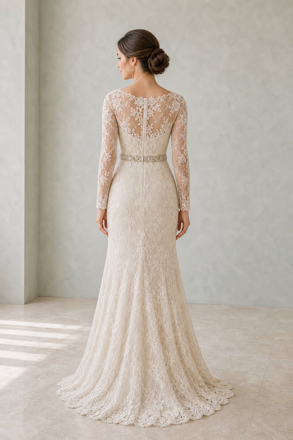 Ivory Bateau Long Sleeve Mermaid Lace Wedding Dress With Sheer Back