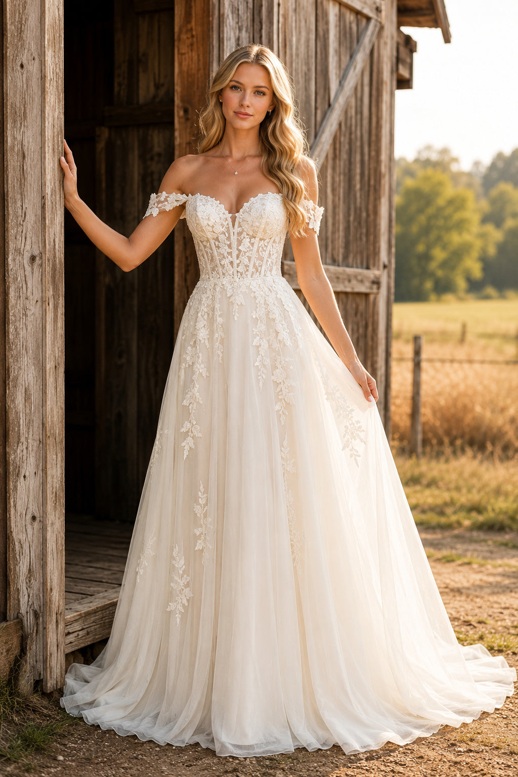 Ivory Off-the-Shoulder Lace A-Line Wedding Dress with Short Sleeves and Applique Train front view