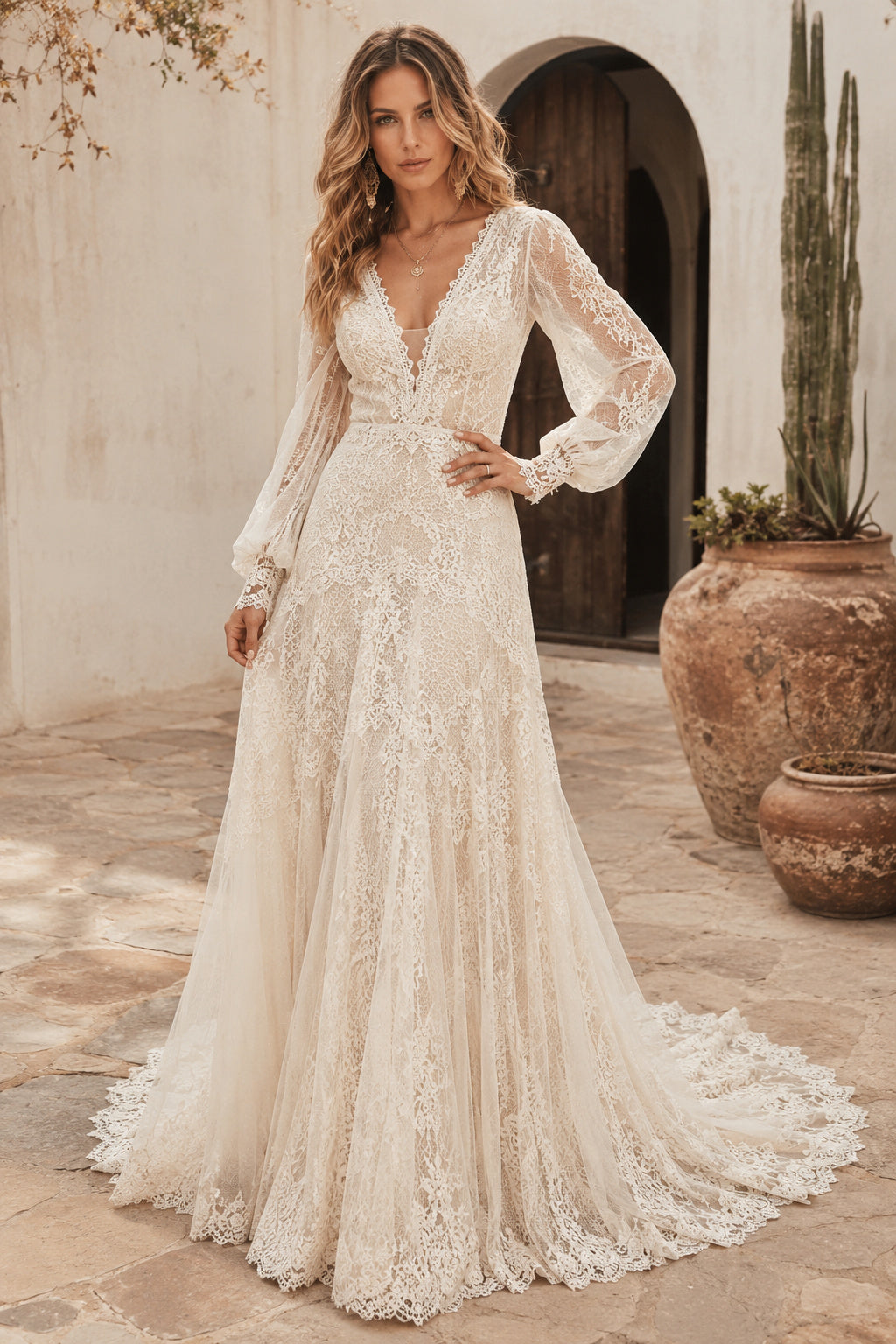 Ivory V-Neck Bishop Sleeve Lace A-Line Wedding Dress with Low-V Back and Train Style MG_701527 front view