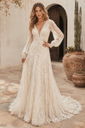 Ivory V-Neck Bishop Sleeve Lace A-Line Wedding Dress with Low-V Back and Train Style MG_701527 front view