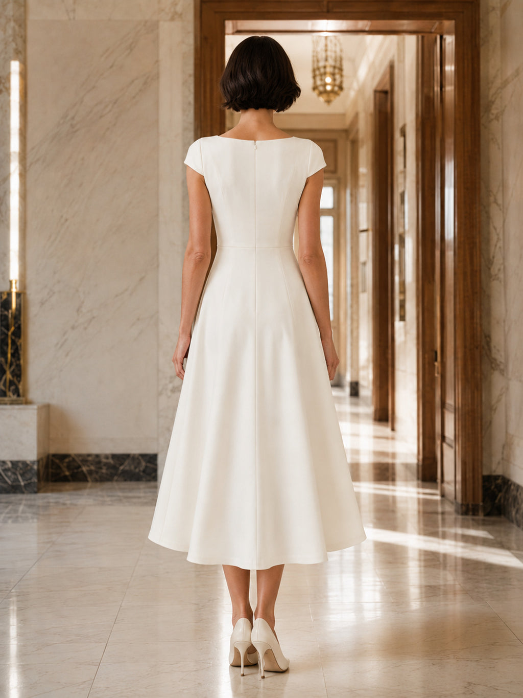 Simple Courthouse Square Neck Cap Sleeve A-Line Wedding Dress back view
