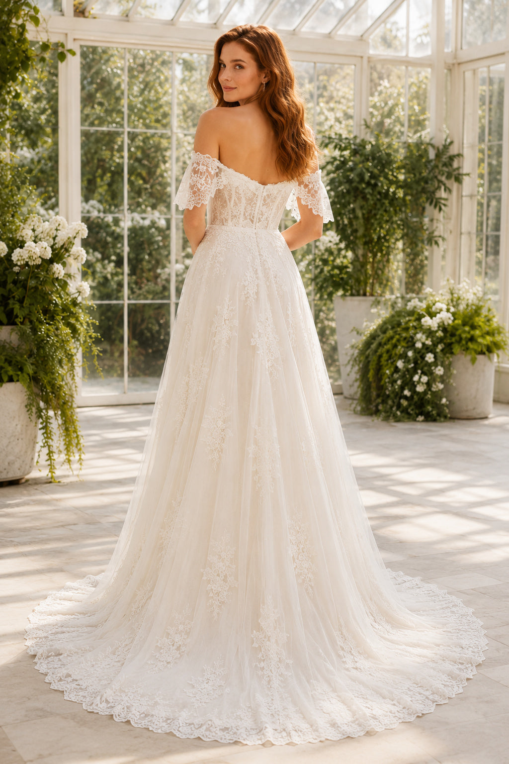 Ivory Off-the-Shoulder Lace A-Line Wedding Dress with Short Sleeves and Train back view