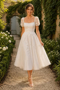 Ivory Square Neck Puff Sleeve Satin Lace Tea-Length Wedding Dress with Puff Sleeves and Satin Midi Skirt front view