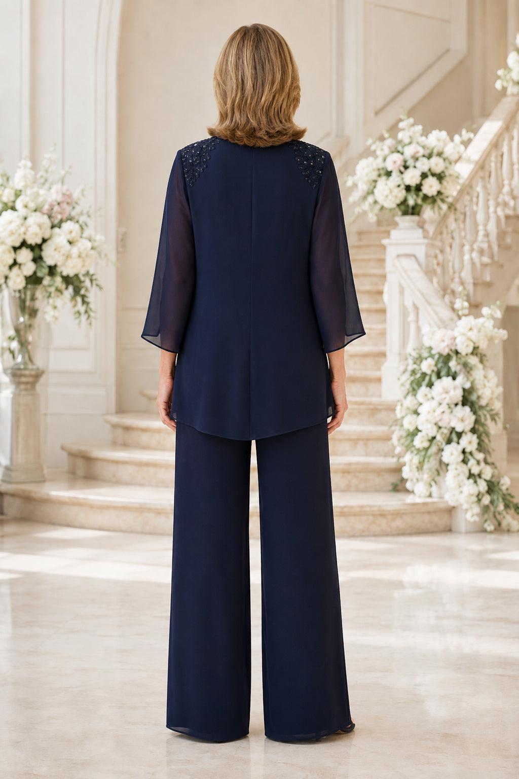 Dark Navy Three Piece Mother Jumpsuit with Sheer Jacket and Wide Leg Pants for Formal Reception back view