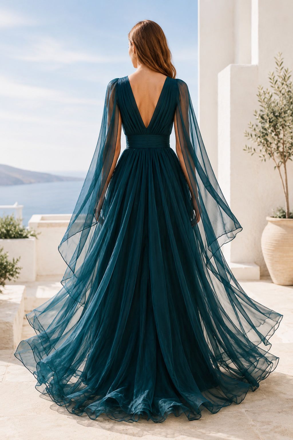 Evening Gown Peacock Tulle A-Line V-Neck Long Sleeve with Slit Floor Length back view