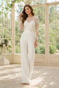 White Long Sleeve Lace Bodice Bridal Jumpsuit Style 720281 front view