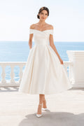 Off Shoulder Satin Tea Length Wedding Dress front view