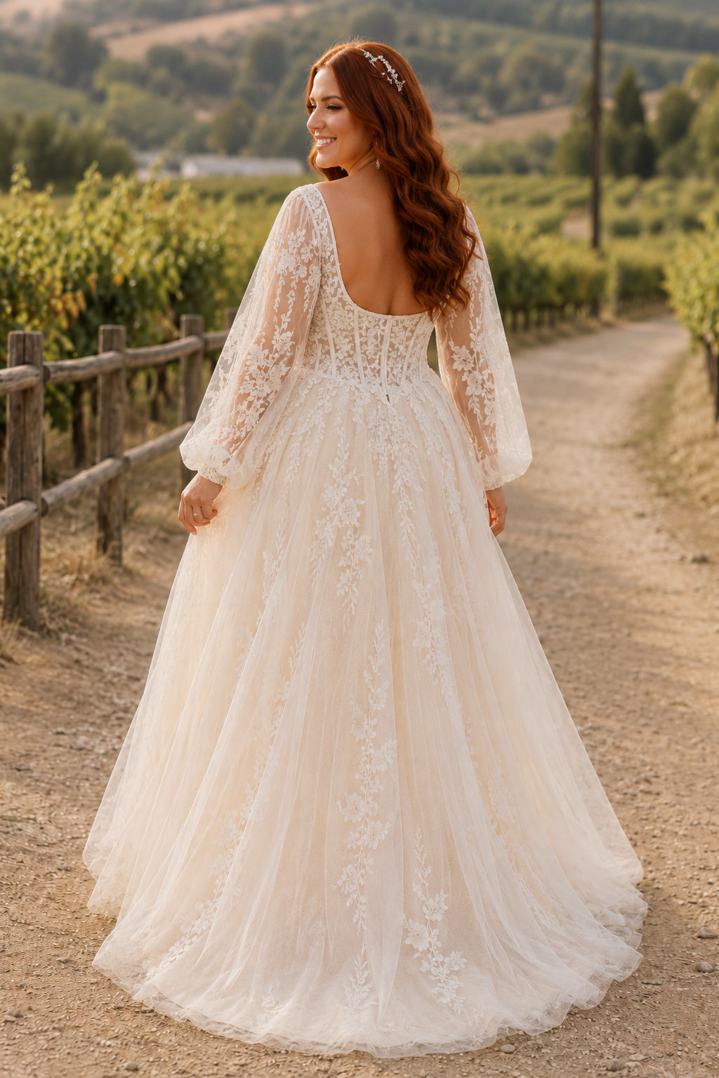 Plus Size Long Sleeve Lace A-Line Wedding Dress with Deep V-Neck Style 721001 back view