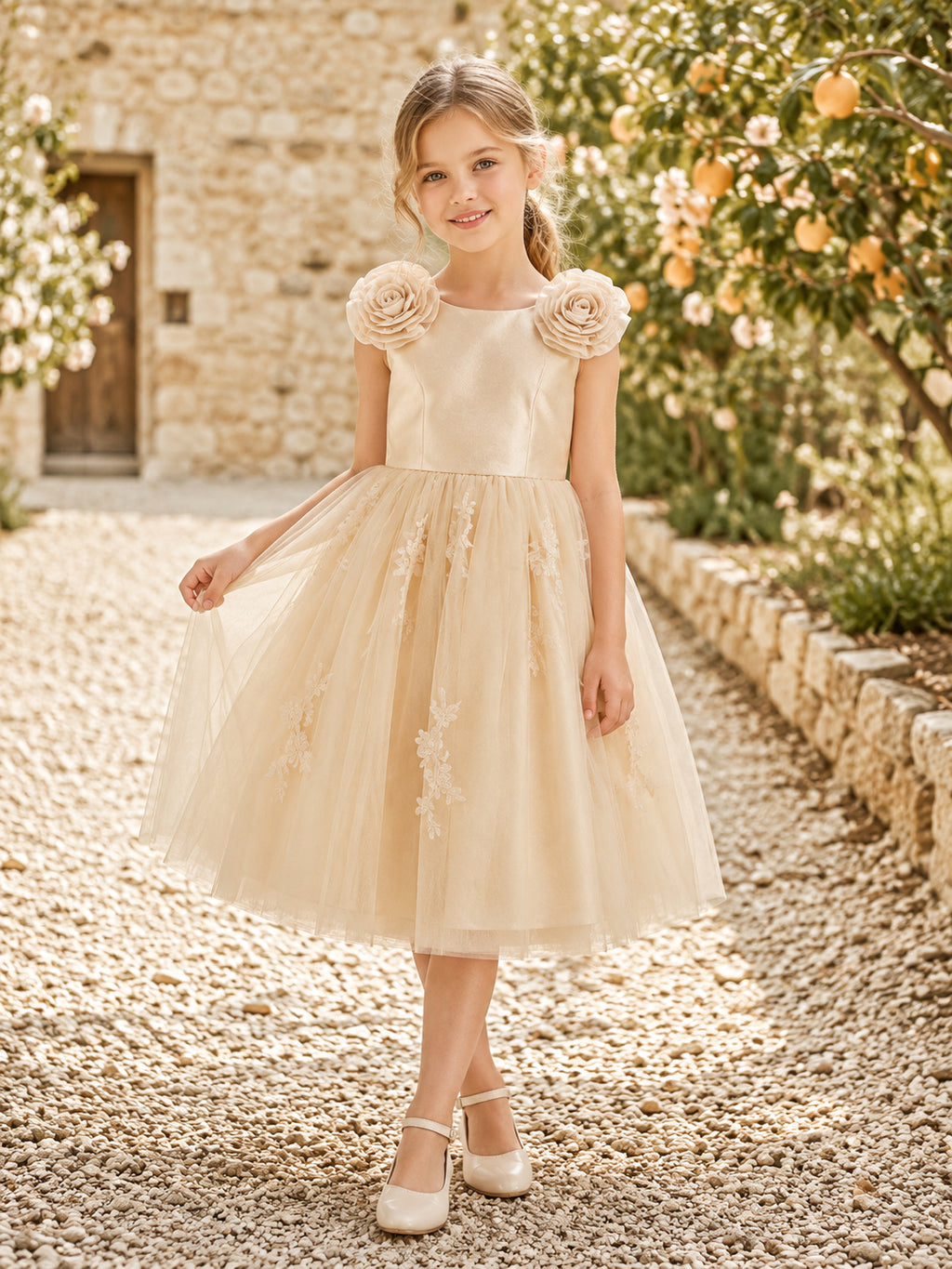 Champagne Rosette Shoulder Flower Girl Dress with Sleeveless Tulle A-Line, Floral Accents, Natural Waist, and Tea-Length Skir