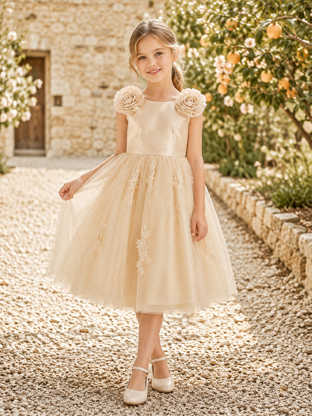 Champagne Rosette Shoulder Flower Girl Dress with Sleeveless Tulle A-Line, Floral Accents, Natural Waist, and Tea-Length Skir