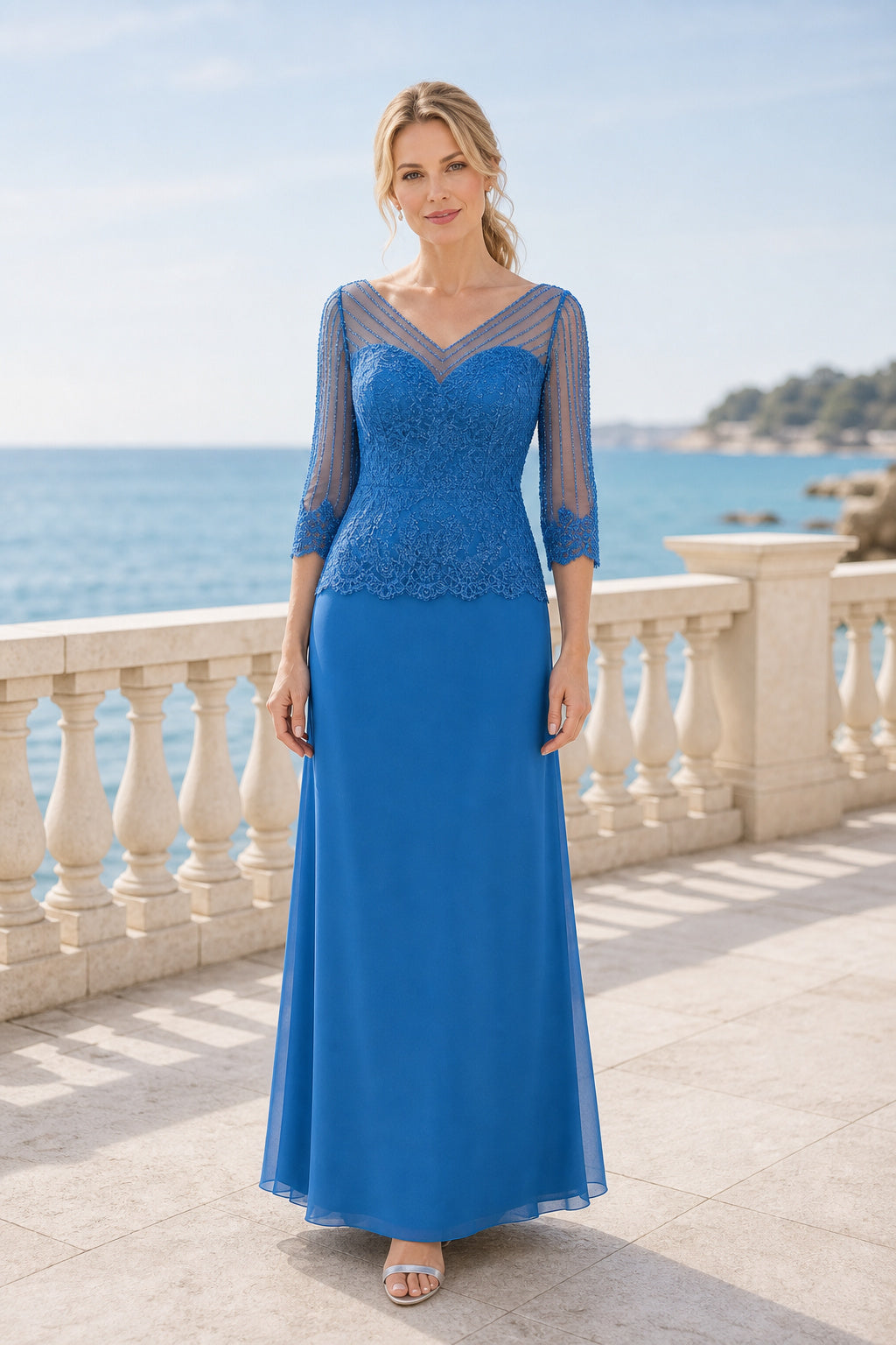 Blue V-neck Long Sleeve Sheath Chiffon Floor-Length Dress With Illusion Sleeves