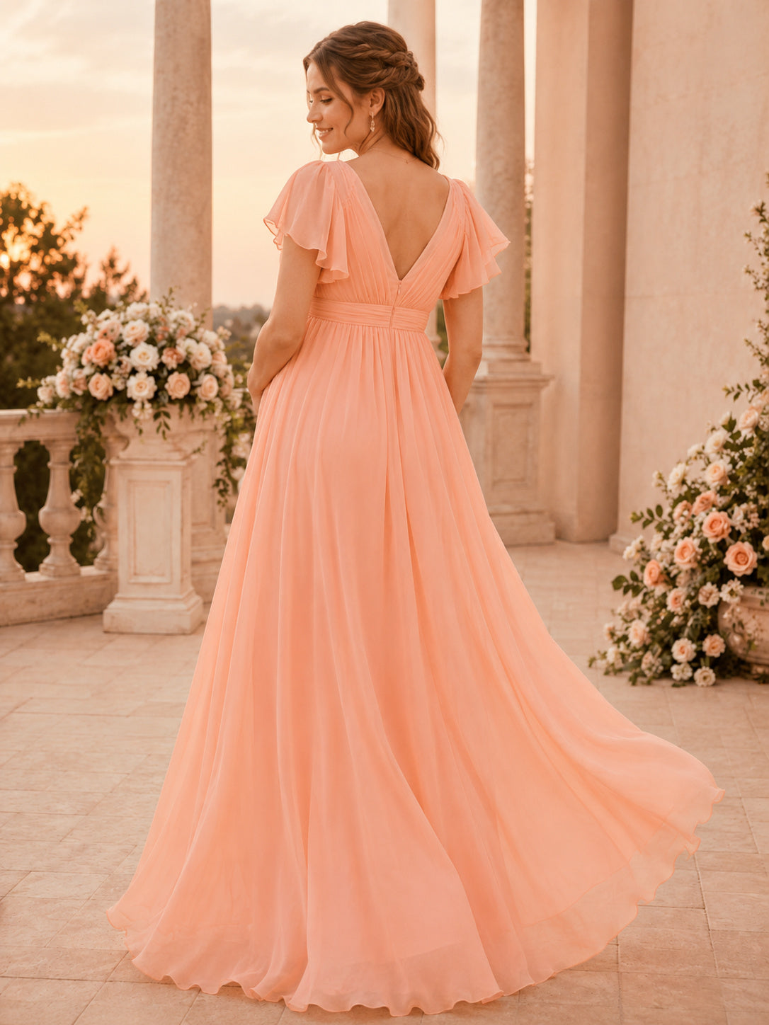 Peach Maternity Flutter Sleeve V Neck Chiffon A-Line Sweep Train Garden Gown back view