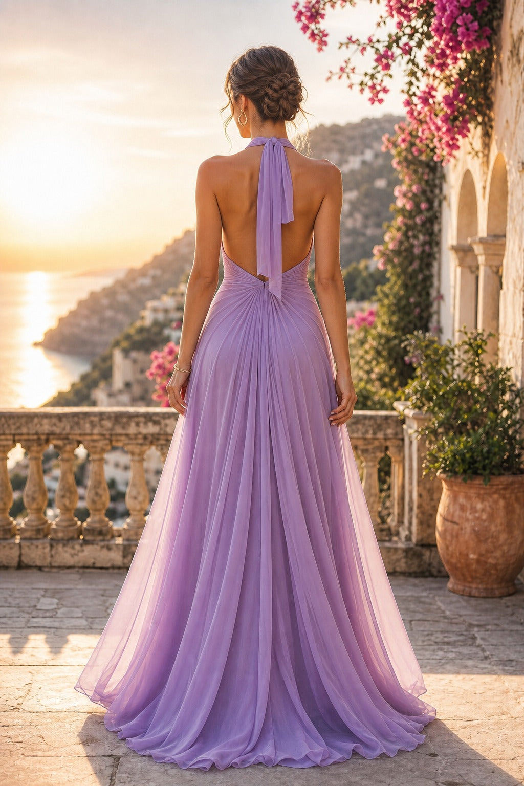 Lavender Halter Floor-Length Chiffon A-Line Dress