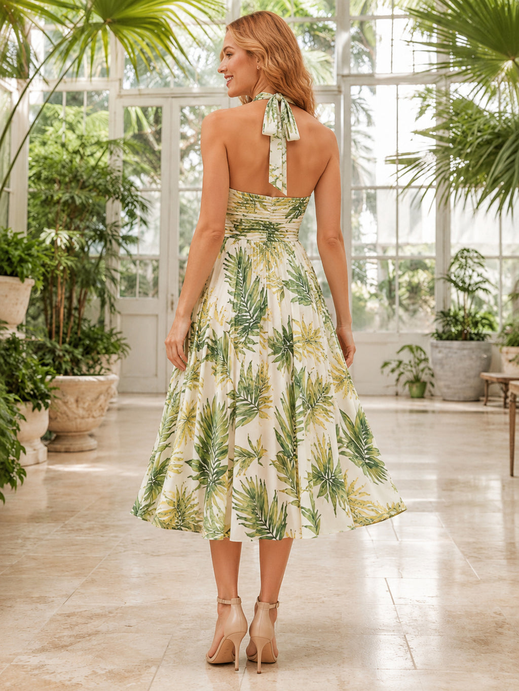 Soft Green Palm Print Halter Garden Midi Dress back view