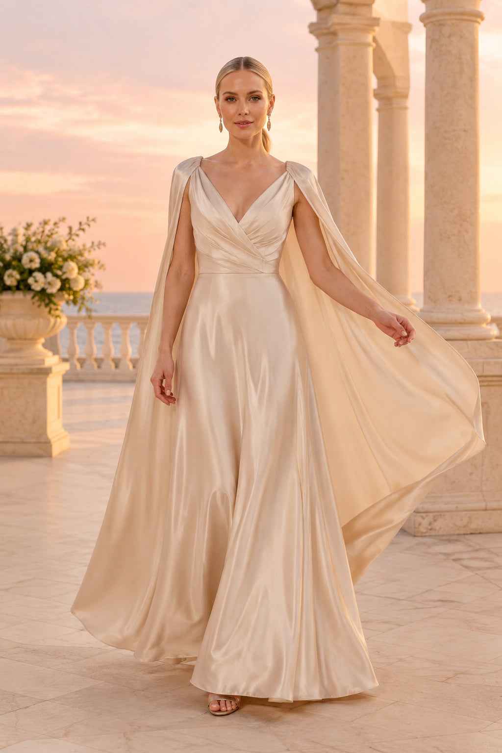 Champagne V Neck Satin Chiffon A Line Evening Gown With Draped Cape Back Evening Dress front view