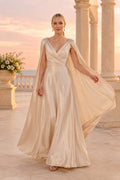 Champagne V Neck Satin Chiffon A Line Evening Gown With Draped Cape Back Evening Dress front view