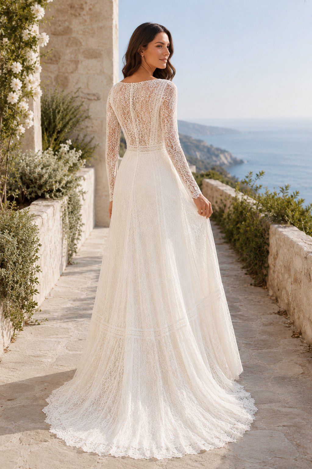 Bateau Long Sleeve Sheath Wedding Dress with Lace Bodice and Soft Tulle Train for Beach Garden Ceremony back view