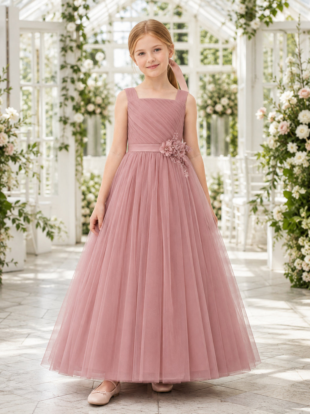 Blush Sash Tulle A-Line Flower Girl Dress with Square Neck, Sleeveless, and Floor-length Skirt front view