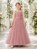 Blush Sash Tulle A-Line Flower Girl Dress with Square Neck, Sleeveless, and Floor-length Skirt front view
