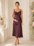 Plum Petite Maternity Cowl Neck Spaghetti Strap Satin Sheath Midi Dress front view