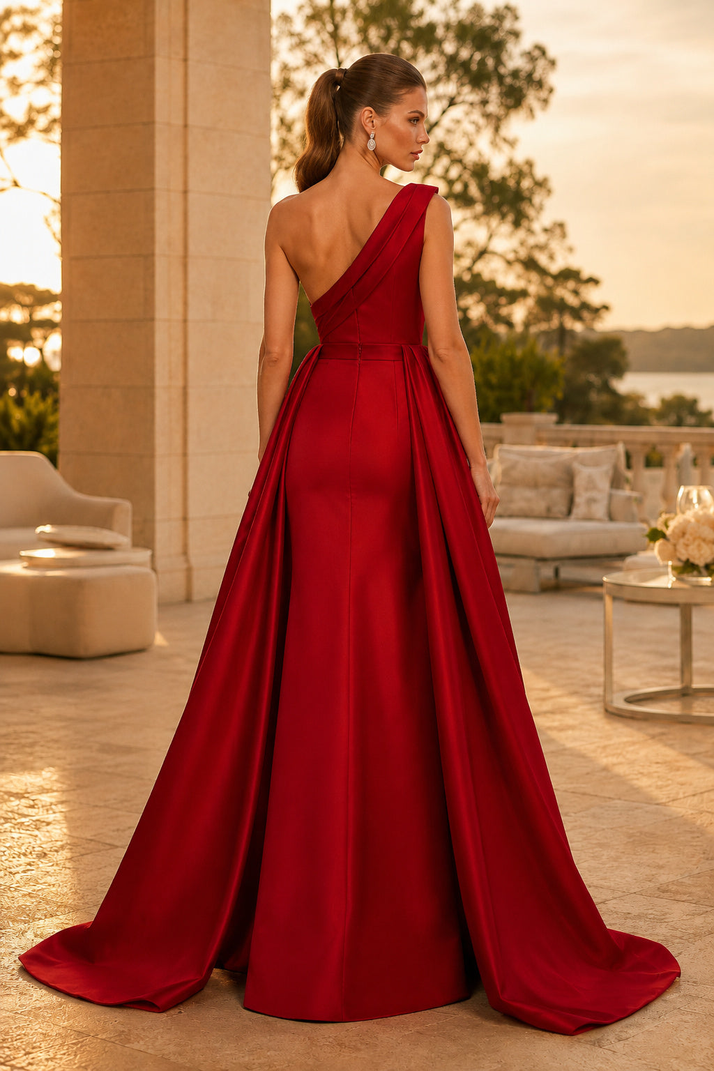 Red One Shoulder Satin A Line Prom Gown With Pleated Skirt And Sweep Train Prom Dress back view