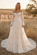 Off the Shoulder Long Sleeve A-Line Wedding Dress with Allover Lace and Chapel Train front view