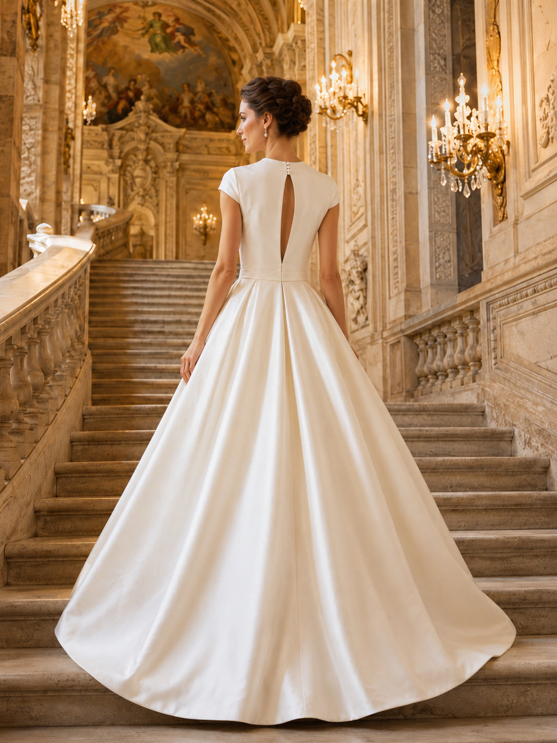 Cap Sleeve Satin Bateau Ball Gown Wedding Dress With Keyhole back view