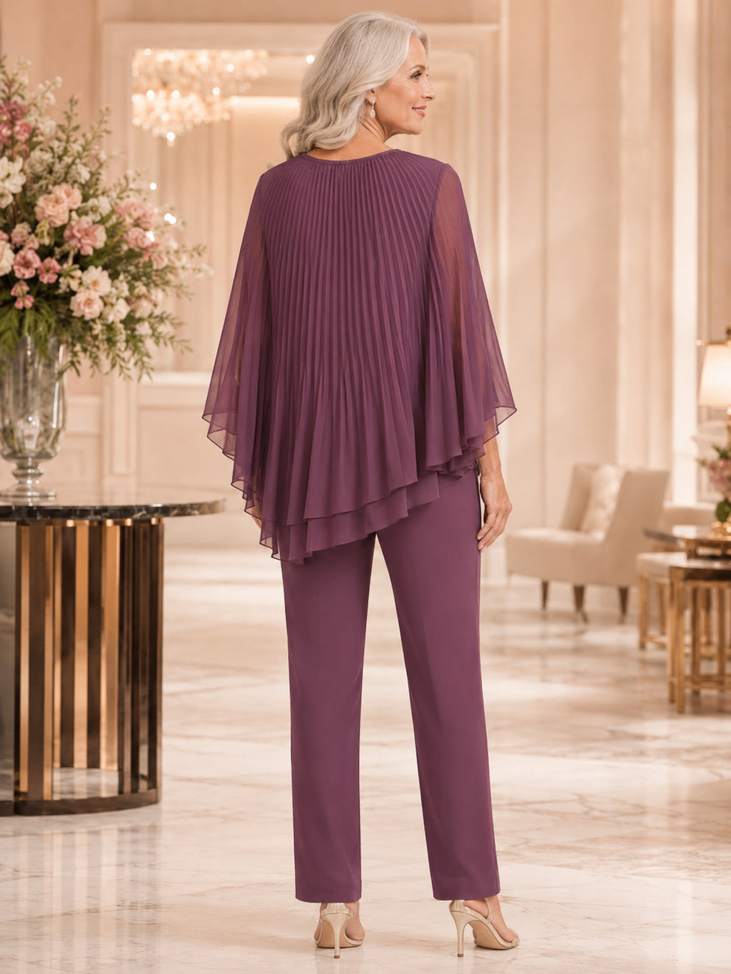 Plum Luxury Jewel-Neck Pleated-Cape Three-Quarter-Sleeve Layered-Tunic Ankle-Length Mother of the Bride Pantsuit back view