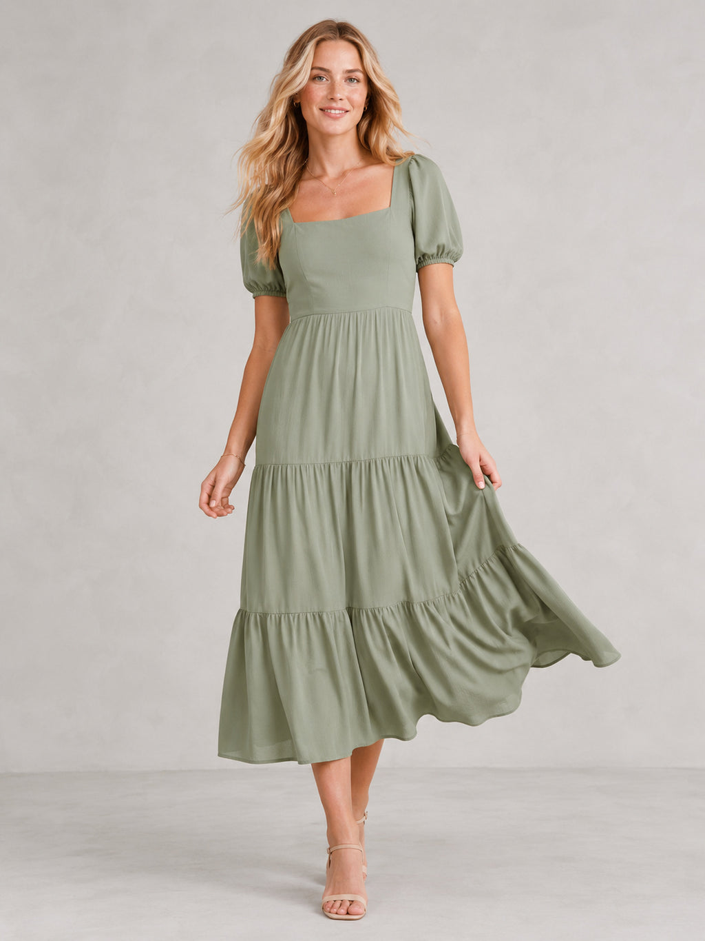 Sage Square Neck Puff Sleeve Tiered Occasion Midi Dress front view
