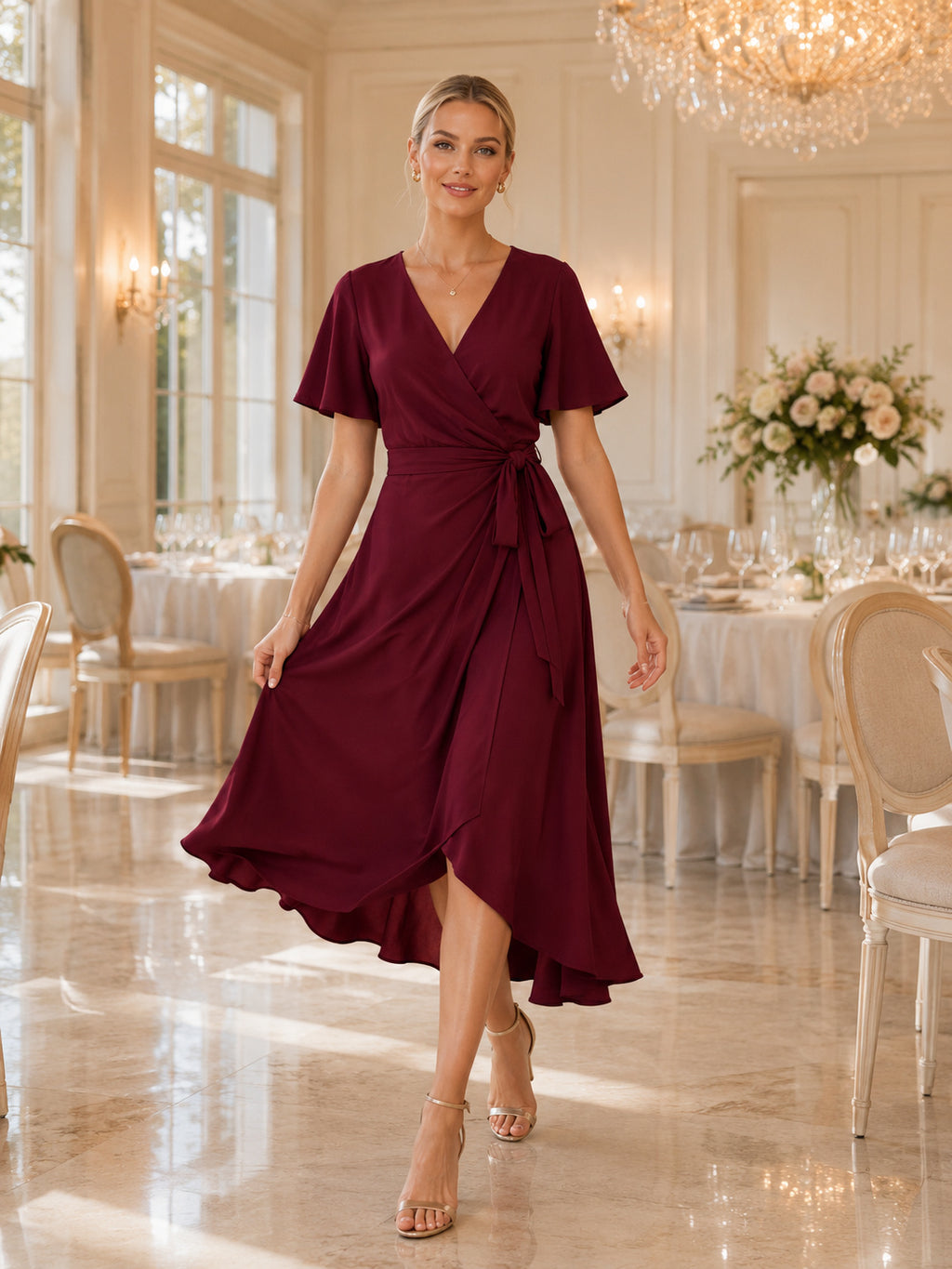 Burgundy flutter sleeve wrap A-line alumni midi dress front view