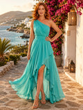 Turquoise one shoulder high low chiffon island vacation gown front view