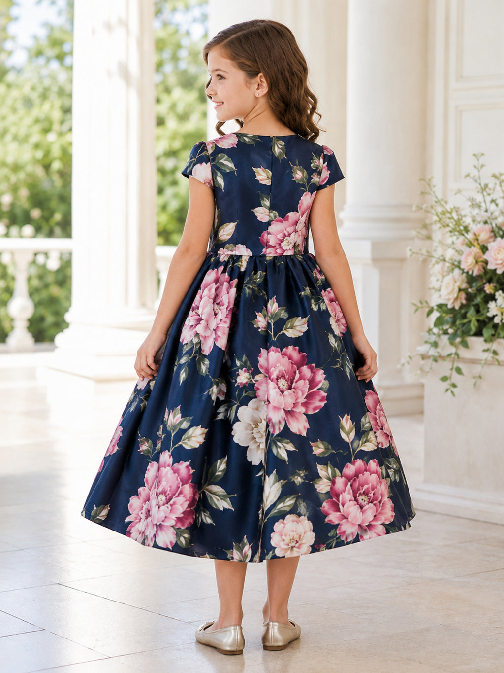 Navy Oversized Floral Print Flower Girl Dress with Cap Sleeves, Elegant Tulle A-Line, Natural Waist, and Tea-Length Skirt bac