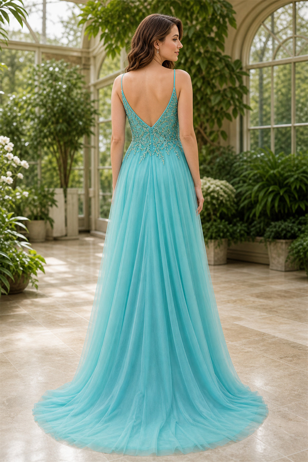 Aqua Spaghetti Strap A-Line Tulle Floor-Length Dress With V-back