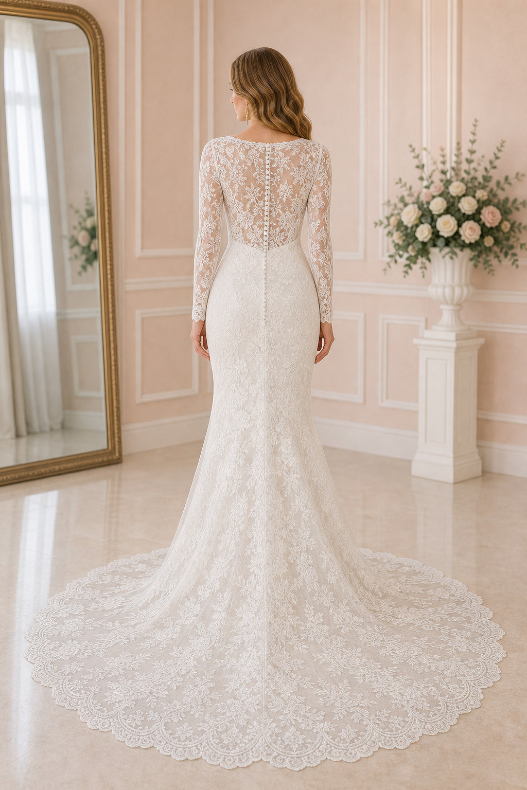White V-neck Long Sleeves Mermaid Lace Floor-length Wedding Dress With Lace and Open Back