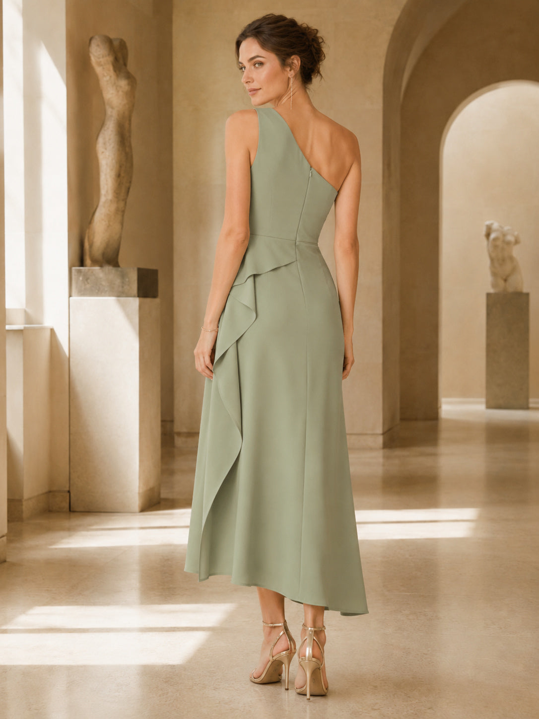 Sage One Shoulder Ruffle Draped Satin A Line Asymmetric Ankle Guest Dress back view