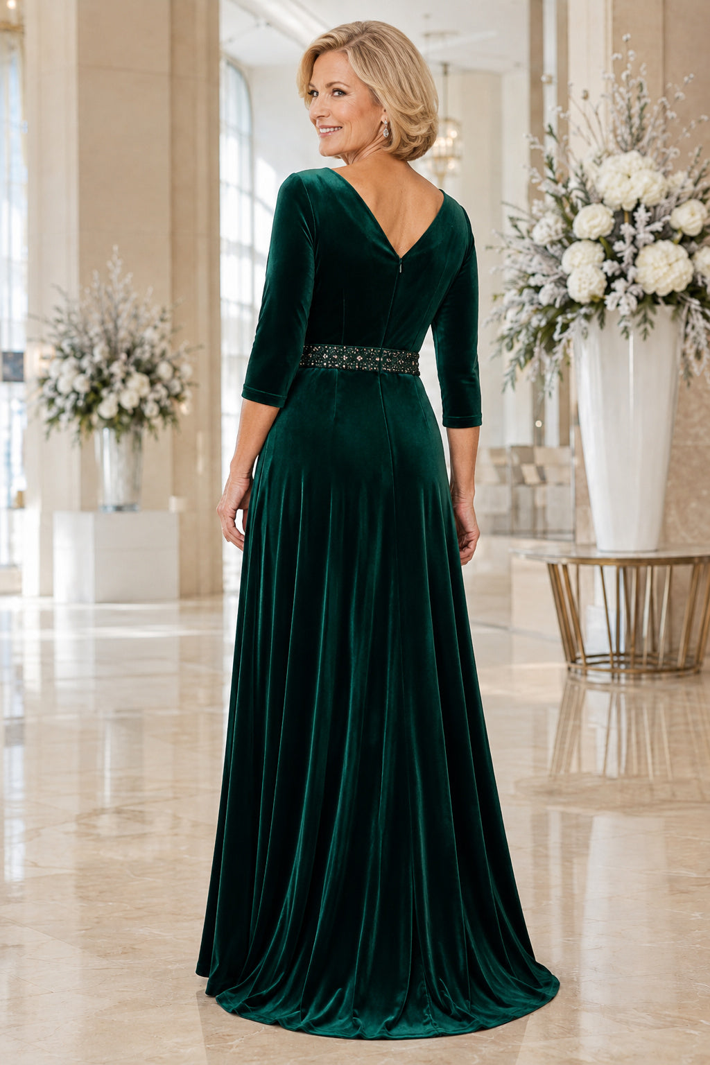 Dark Green Velvet Bateau Mother Dress with Three Quarter Sleeves and Beaded Waist back view