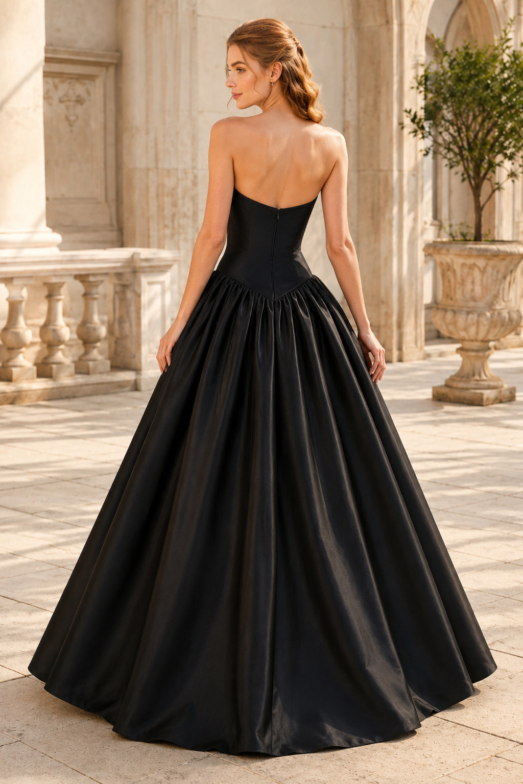 Prom Dress Black Satin Ball Gown Strapless Sweetheart Floor Length back view