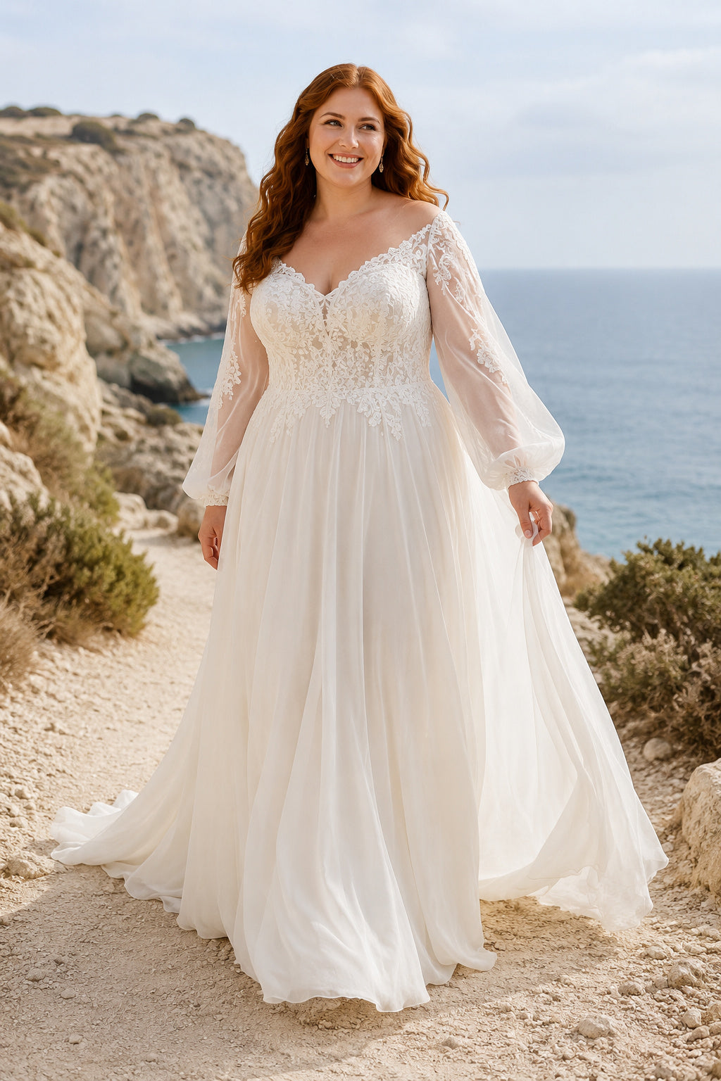 Plus Size Ivory V-Neck Bishop Sleeve Lace Tulle A-Line Wedding Dress with Lace Bodice and Soft Chiffon Train front view