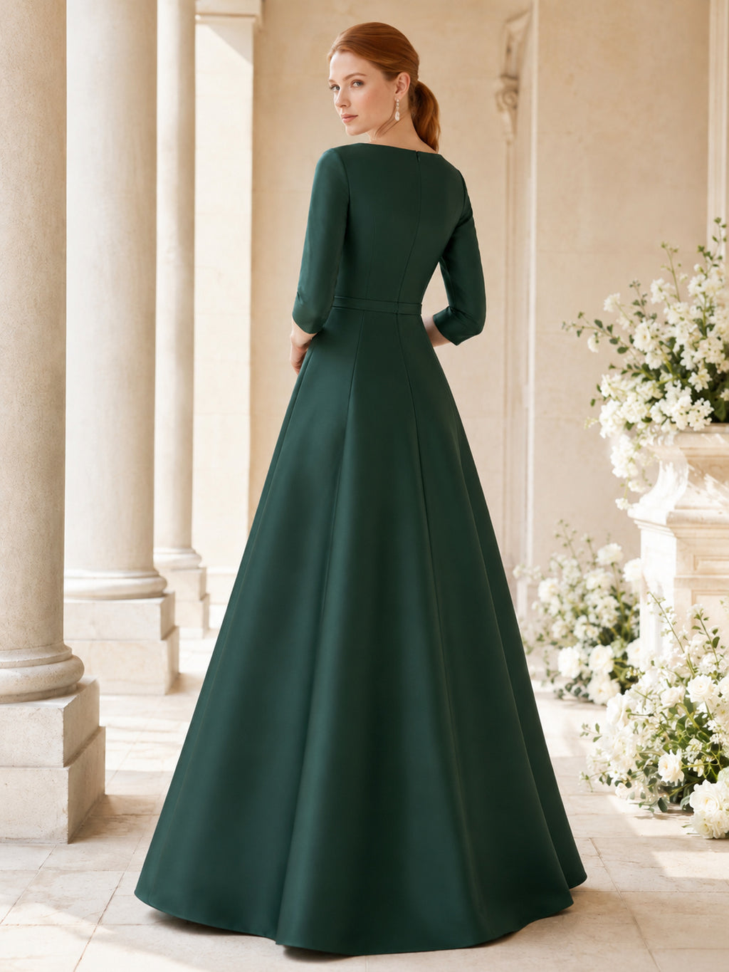 Dark Green Modest A-Line Satin Bateau Three Quarter Sleeve Wedding Dress back view