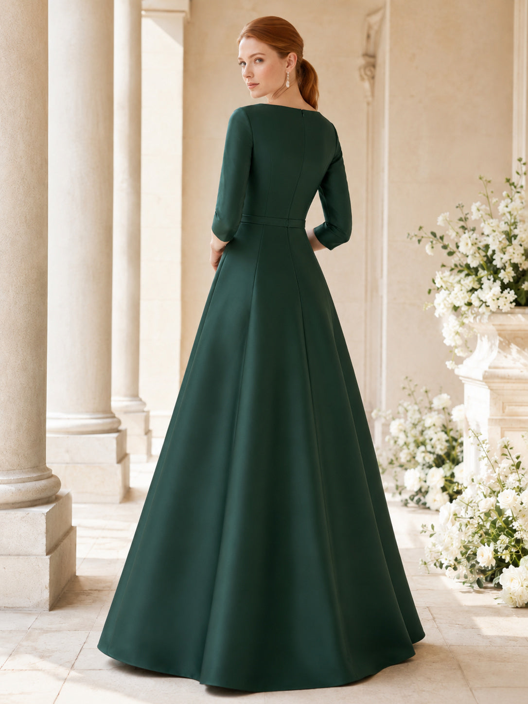 Dark Green Modest A-Line Satin Bateau Three Quarter Sleeve Wedding Dress back view