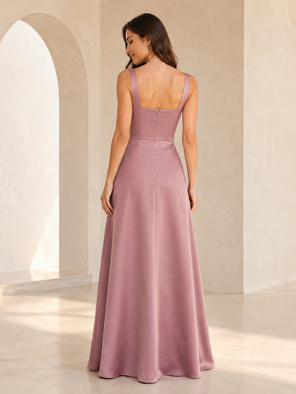 Dusty mauve satin scoop neck spaghetti A-line gown back view