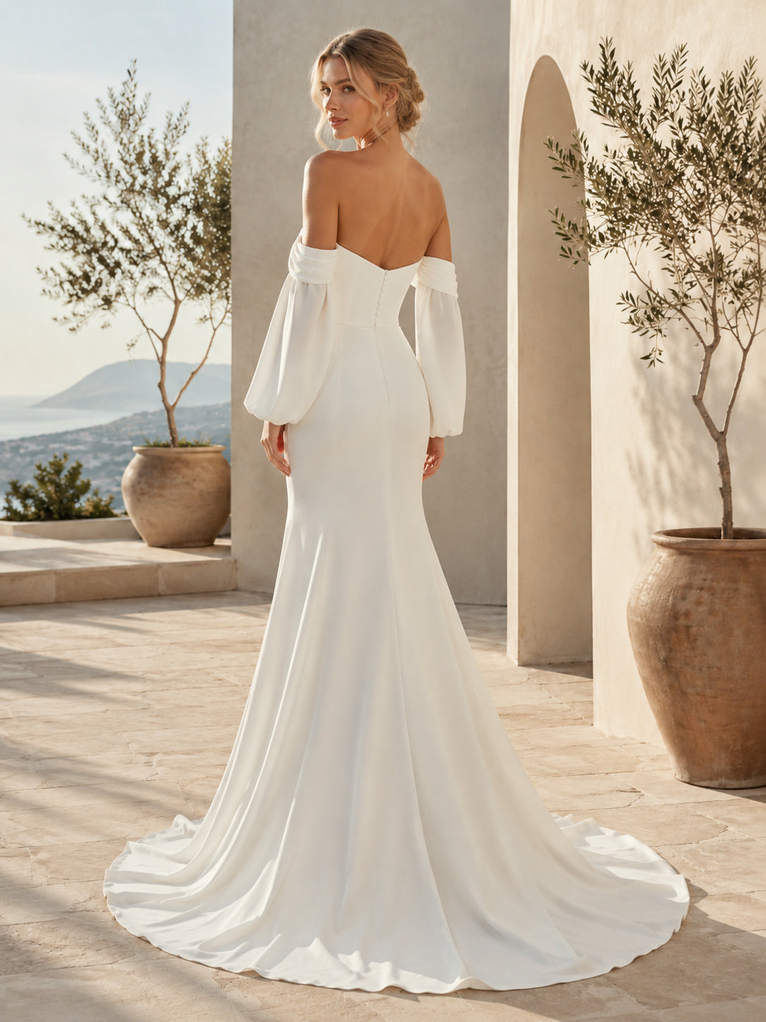 Detachable Sleeve Off Shoulder Villa Terrace Mermaid Gown back view