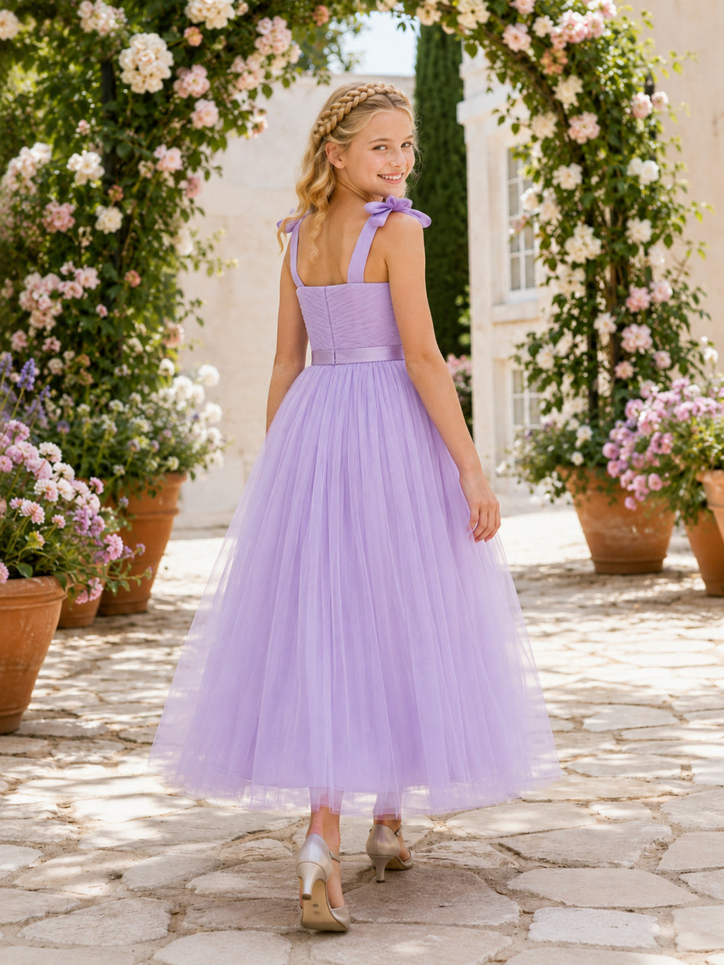 Lavender Straps Tulle Ankle-Length A-Line Bow Garden Romantic Flower Girl Dress back view