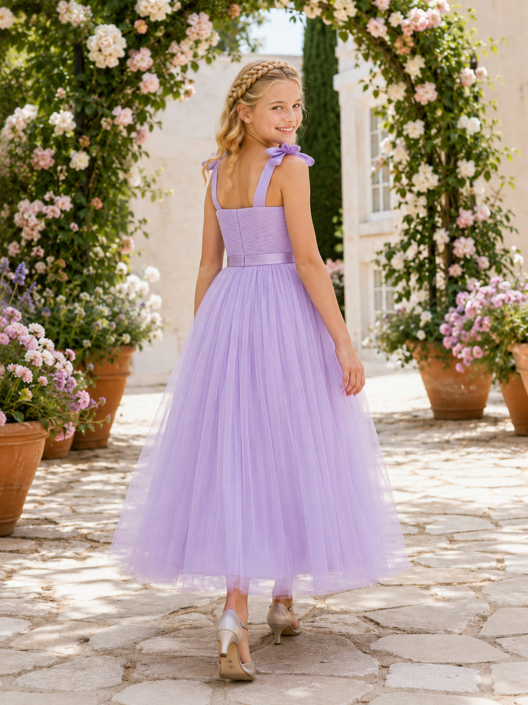 Lavender Straps Tulle Ankle-Length A-Line Bow Garden Romantic Flower Girl Dress back view