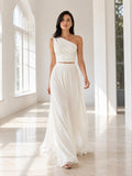 Two Piece One Shoulder Chiffon Floor Length Destination Wedding Dress front view