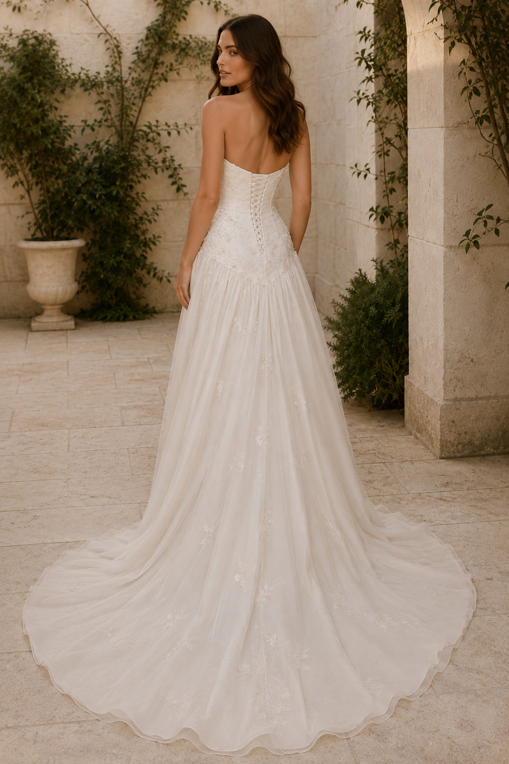 Strapless Organza A-Line Wedding Dress with Draped Bodice back view